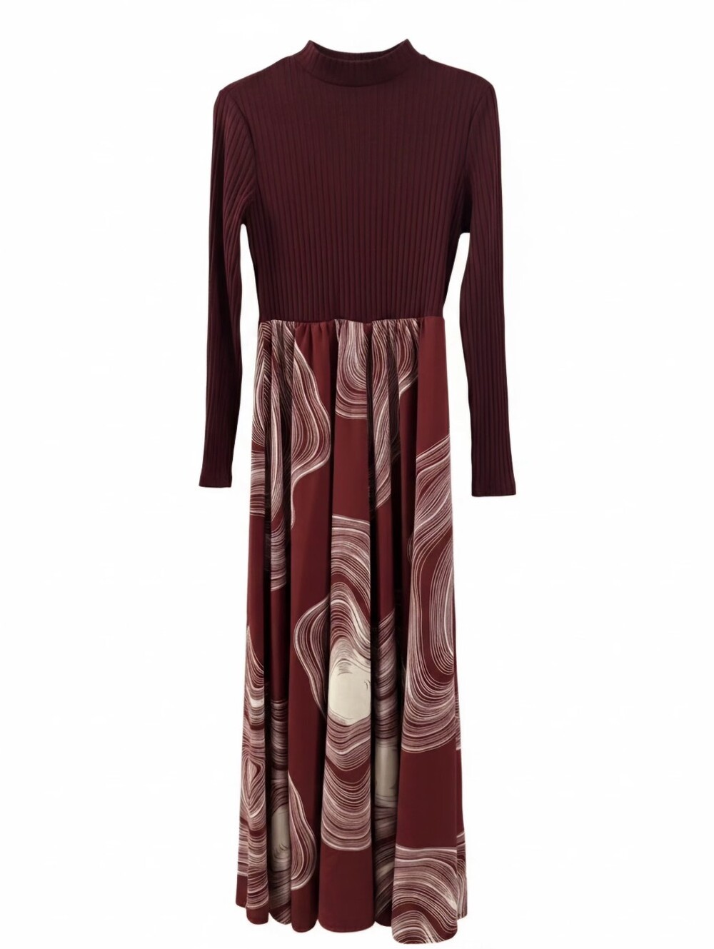 Boho Ribbed Mock Neck Maxi Dress Swirl Print Modest Red M
